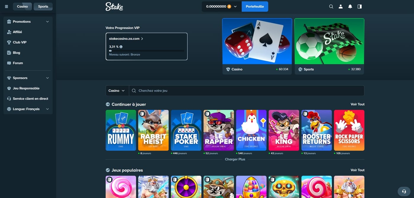 Page d'accueil de Stake casino une fois connecté