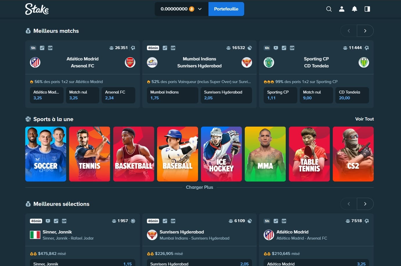 Section paris sportifs et e-sport sur Stake