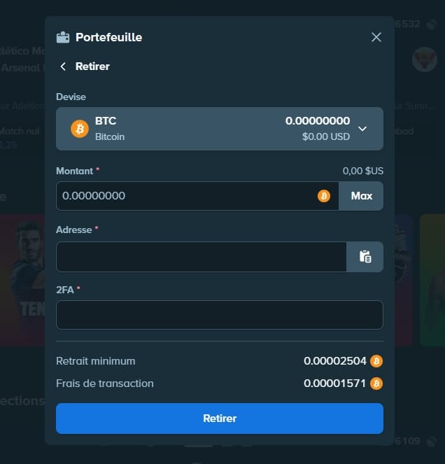 Interface de retrait crypto sur Stake — minimum 1 USD, traitement instantané